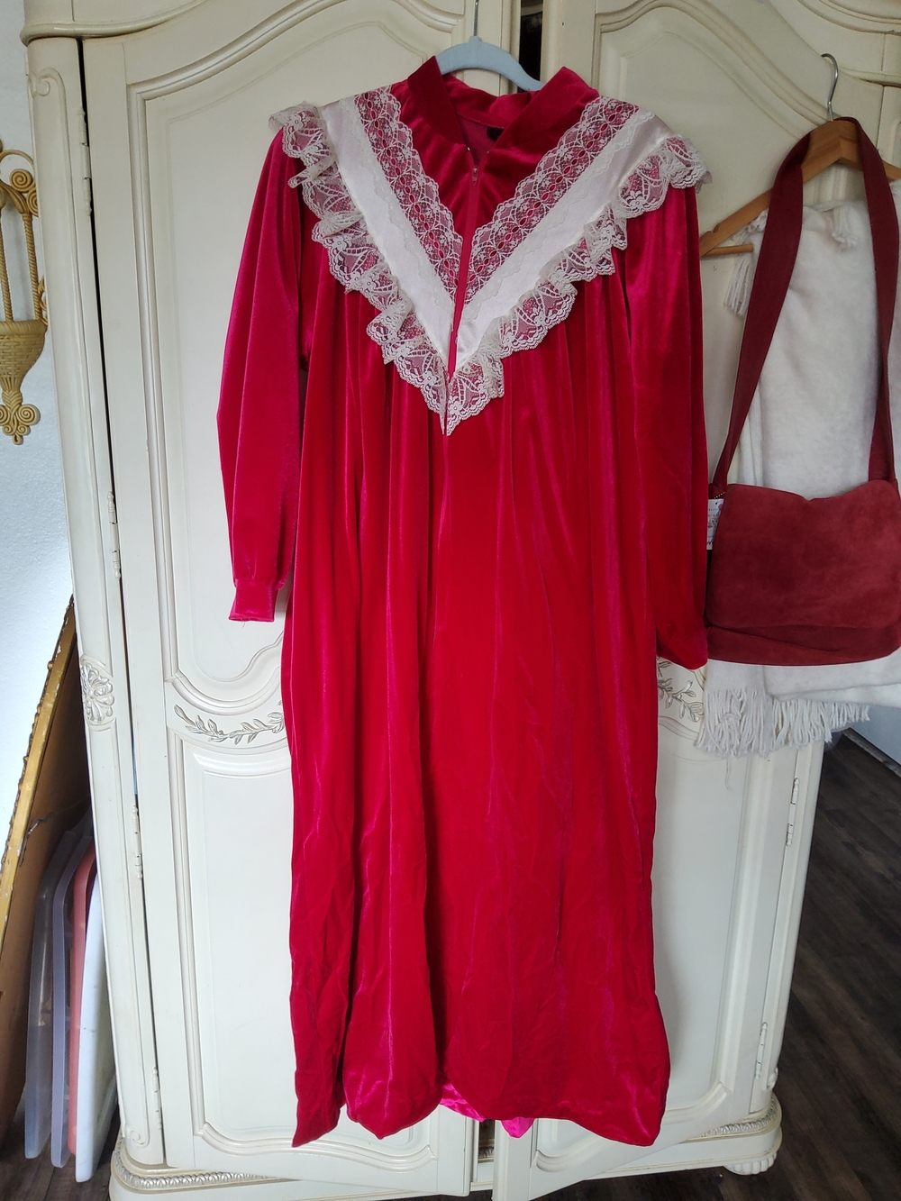 1960s/70s Raspberry Velour And Lace Lounge Dress